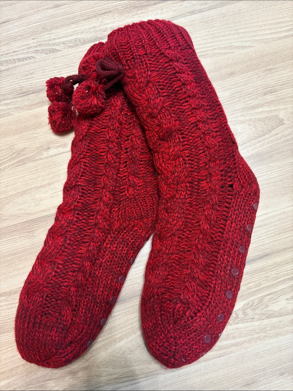 Soma Red Cable Knit Women's Slipper Socks with Pom-Poms